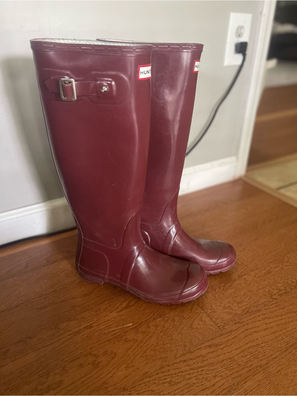 Hunter Burgundy Tall Gloss Rain Boots with Side Buckle